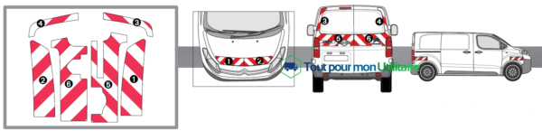 aménagement pour utilitaire et fourgon bande réfléchissante pour Citroen Jumpy 2016 photo avant et arrière coté et nomenclature