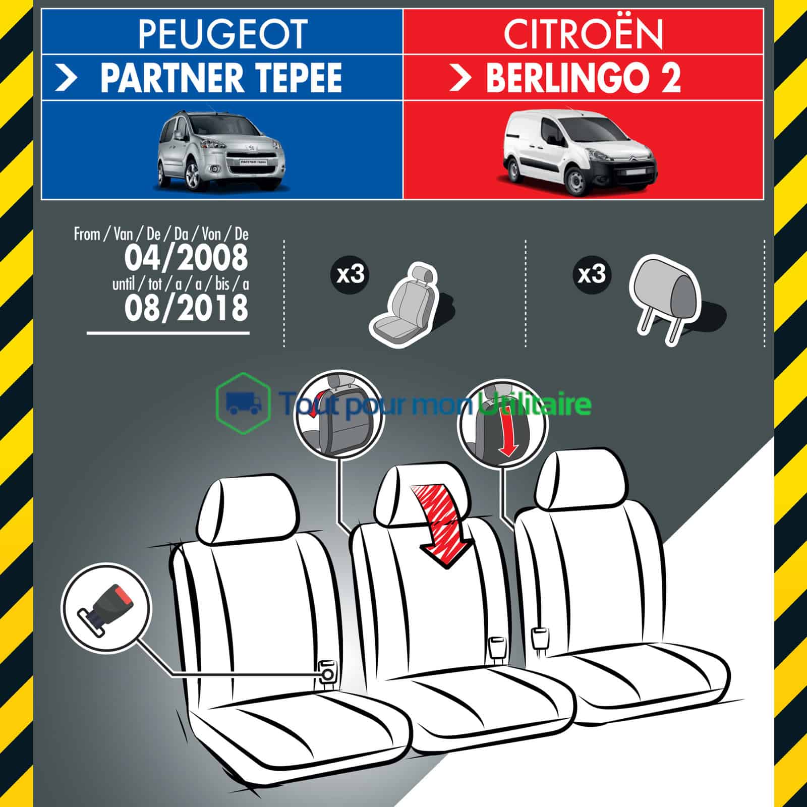 housse de siège en tissu et simili cuir pour Peugeot partner 2008-2018 trois sièges avant avec tablette compatible airbag