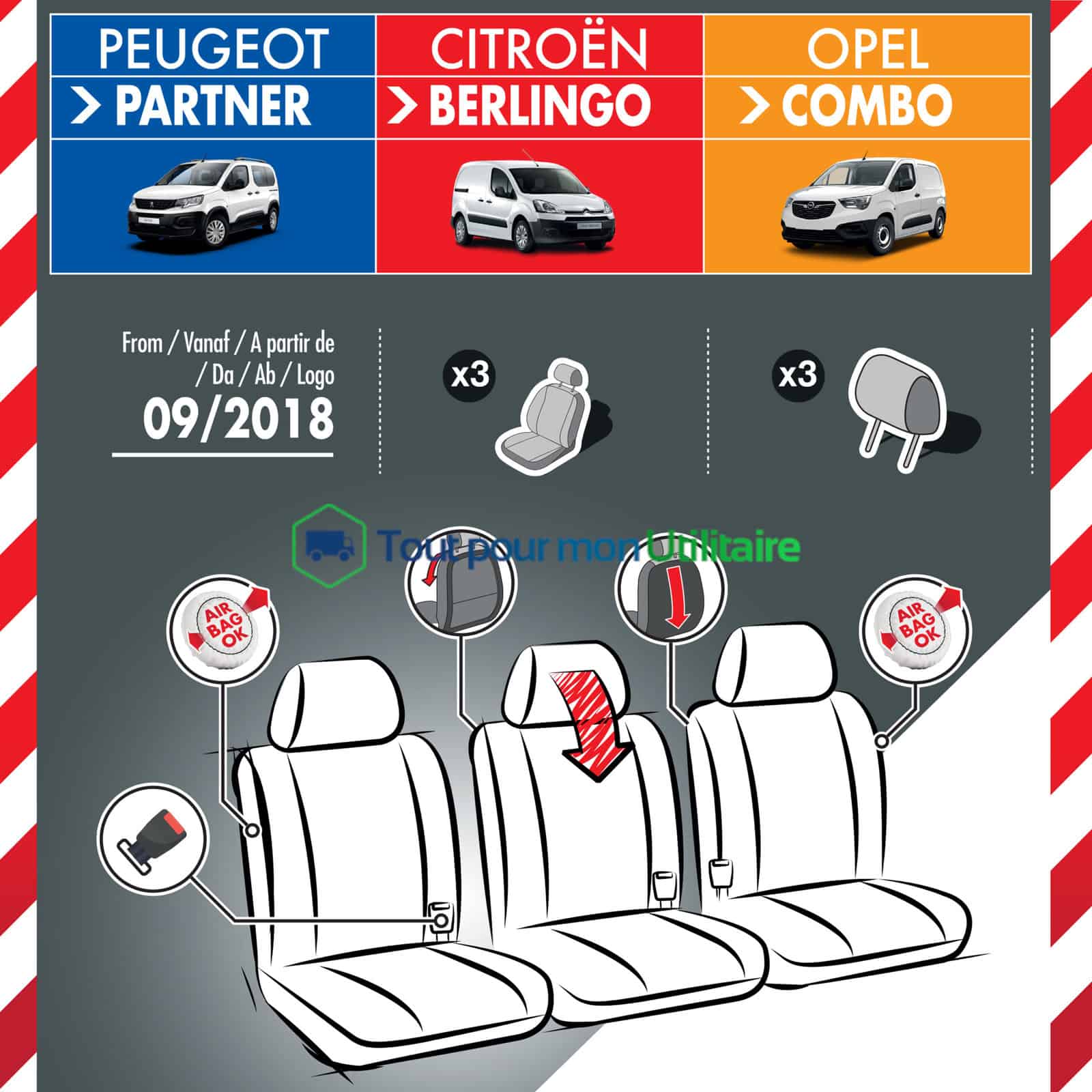 housse de siège en simili cuir pour Citroen Berlingo 2018+ siège conducteur + 3 sièges avant + tablette
