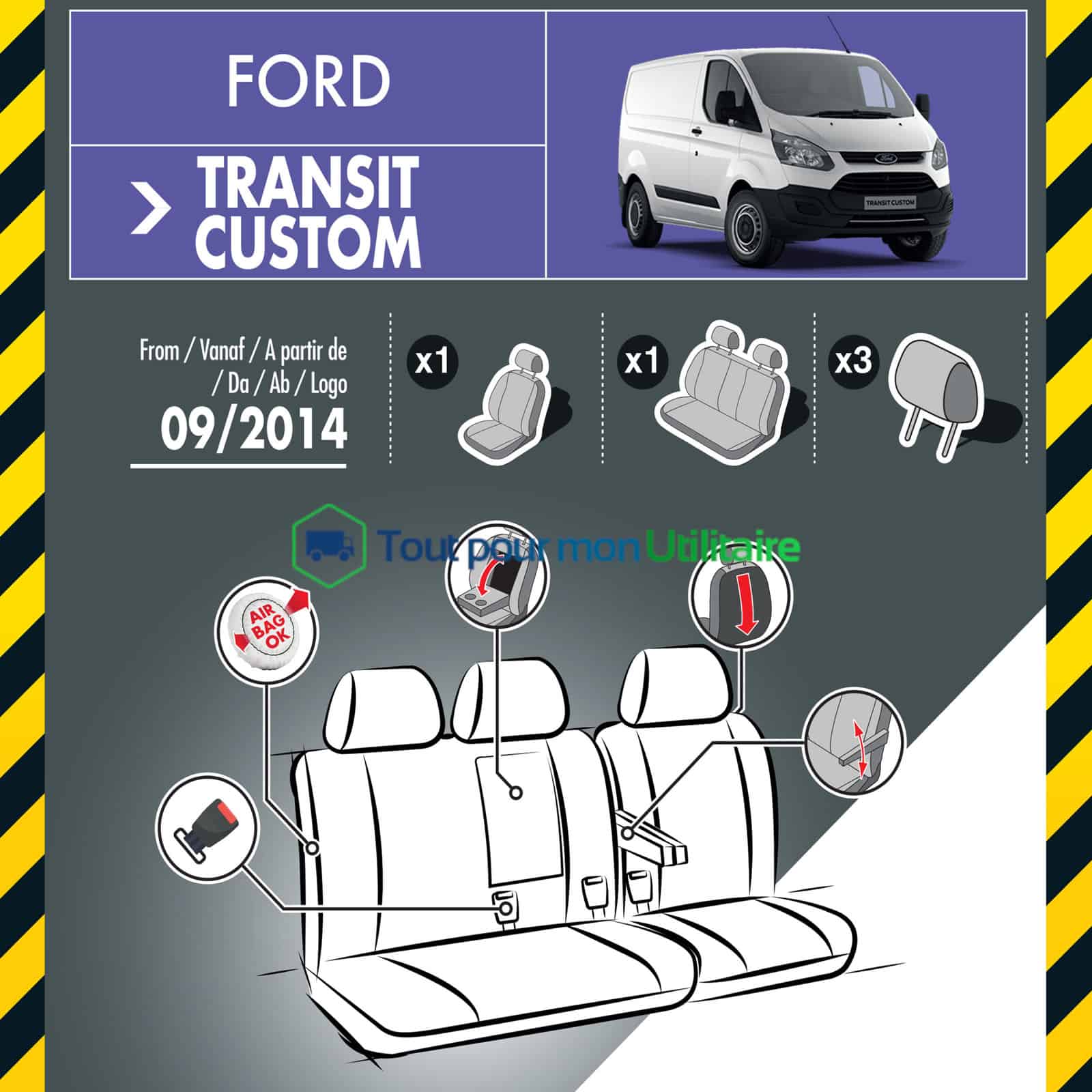 matière housse de siège en tissu et simili cuir pour Ford Custom 2014+ siège conducteur + banquette