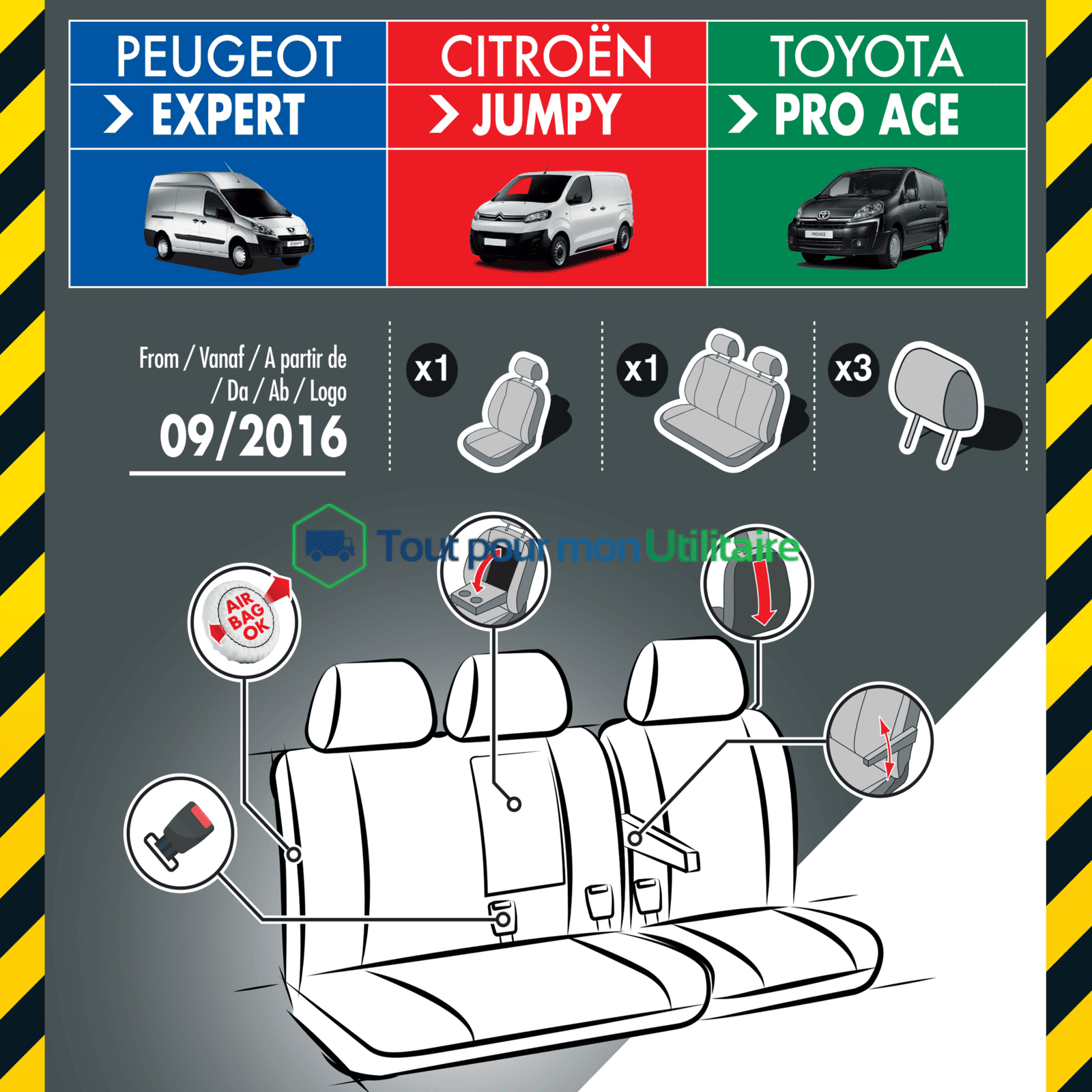 emballage housse de siège en tissu et simili cuir pour Peugeot Expert 2016+ siège conducteur + banquette + accoudoir