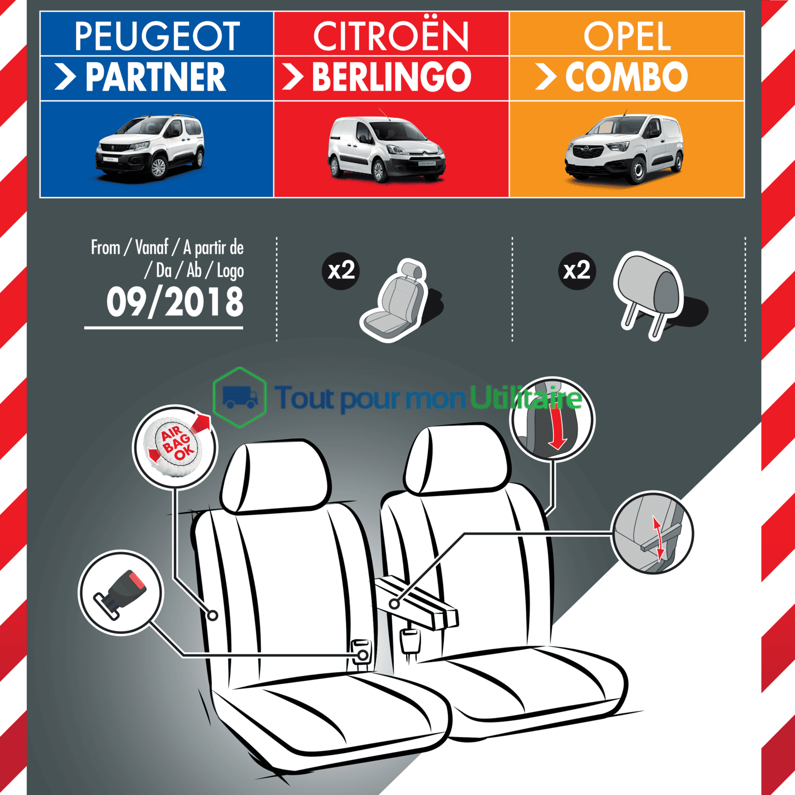 housse de siège en simili cuir pour Peugeot partner 2018+ siège conducteur + passager