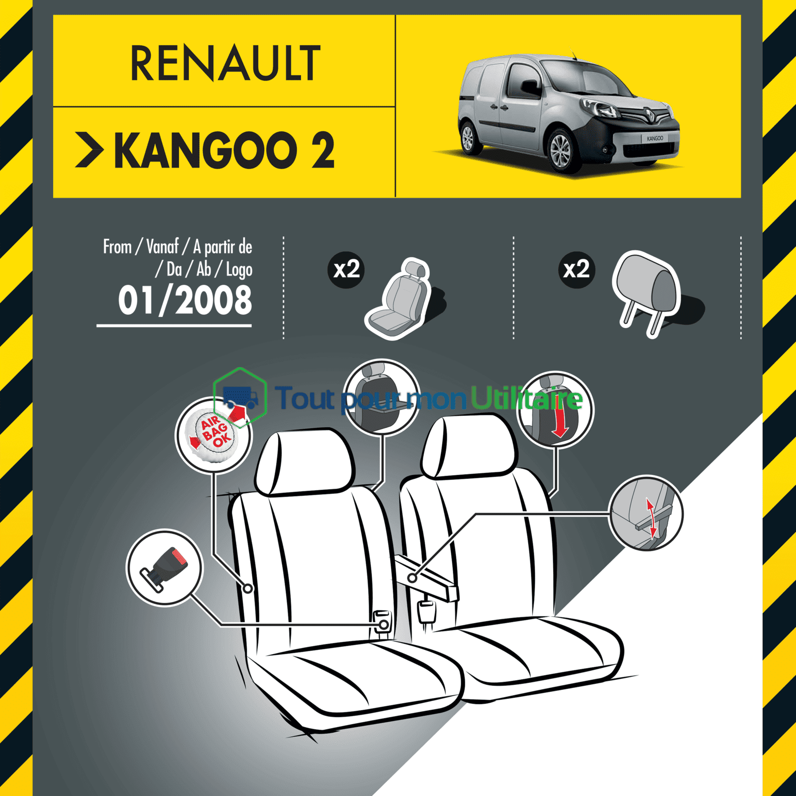 housse de siège en tissu et simili cuir pour Renault Kangoo 2009-2021 un sièges avant