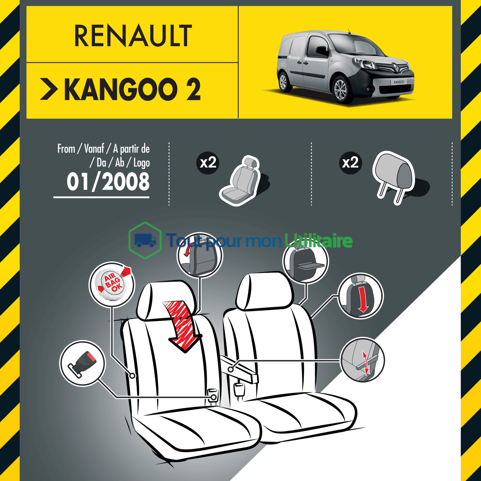 housse de siège en tissu et simili cuir pour Renault Kangoo 2009-2021 deux sièges avant + tablette