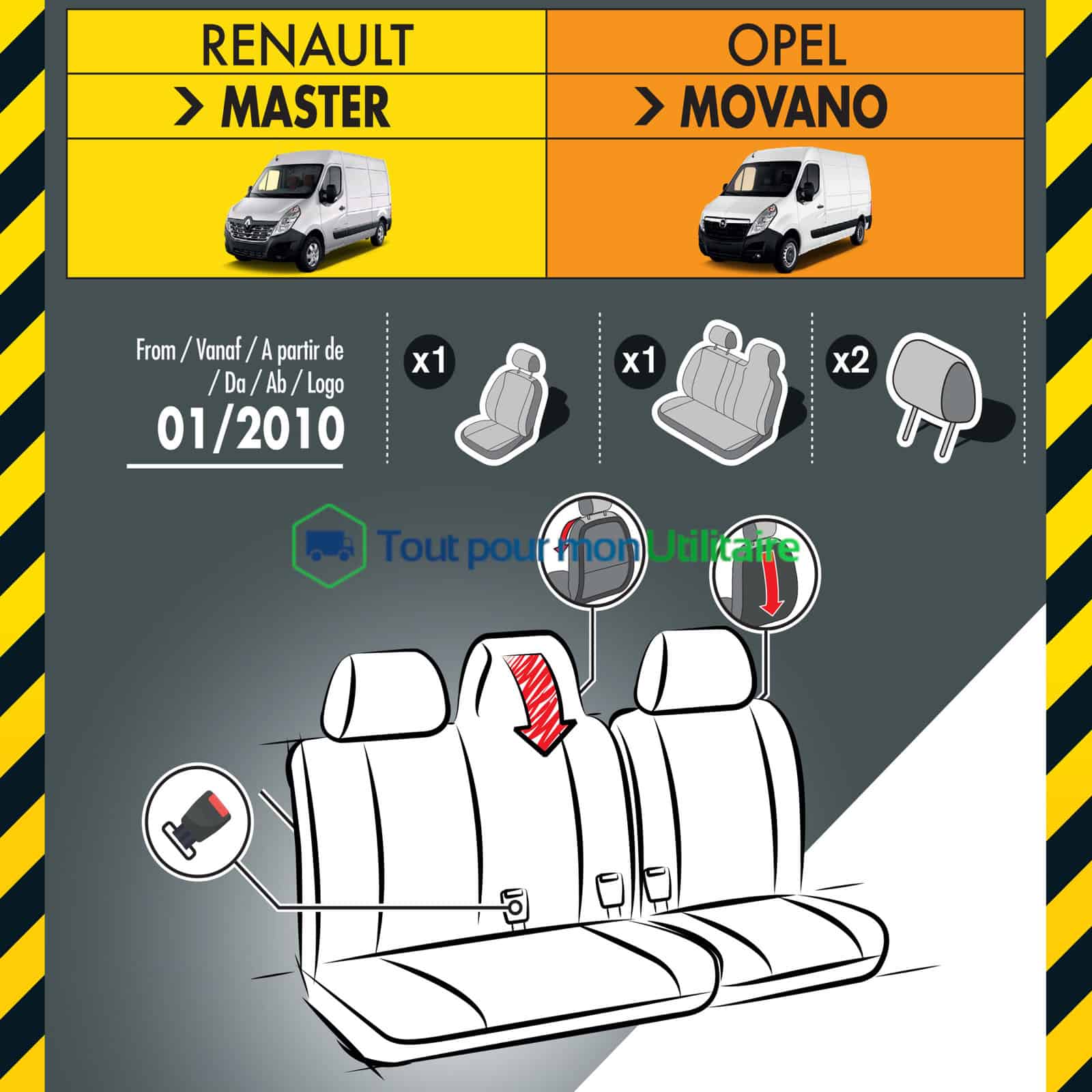 matière housse de siège en tissu et simili cuir pour Renault Master 2010+ siège conducteur + banquette