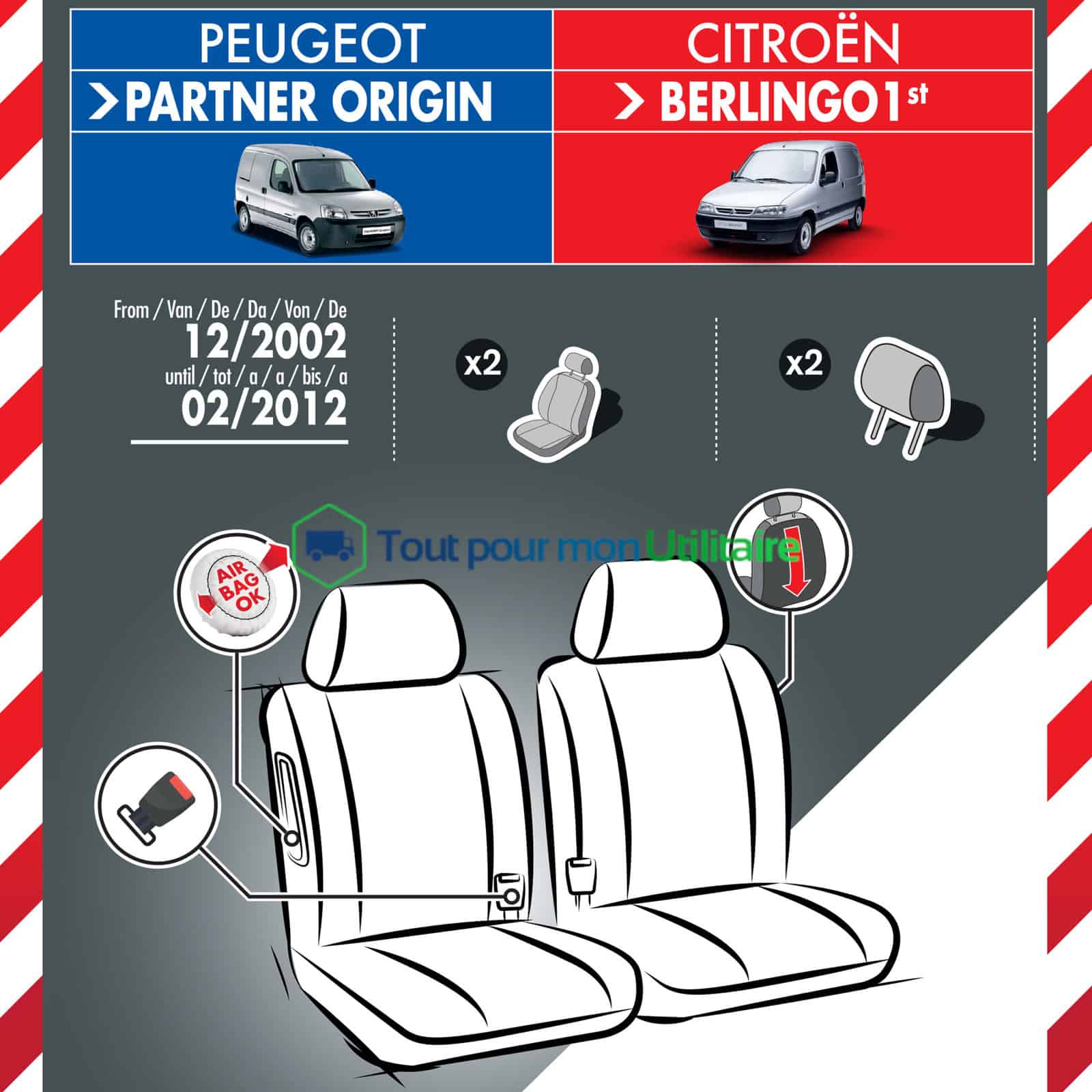 housse de siège en simili cuir pour Peugeot Partner 2008-2018 2 sièges avant avec accoudoir