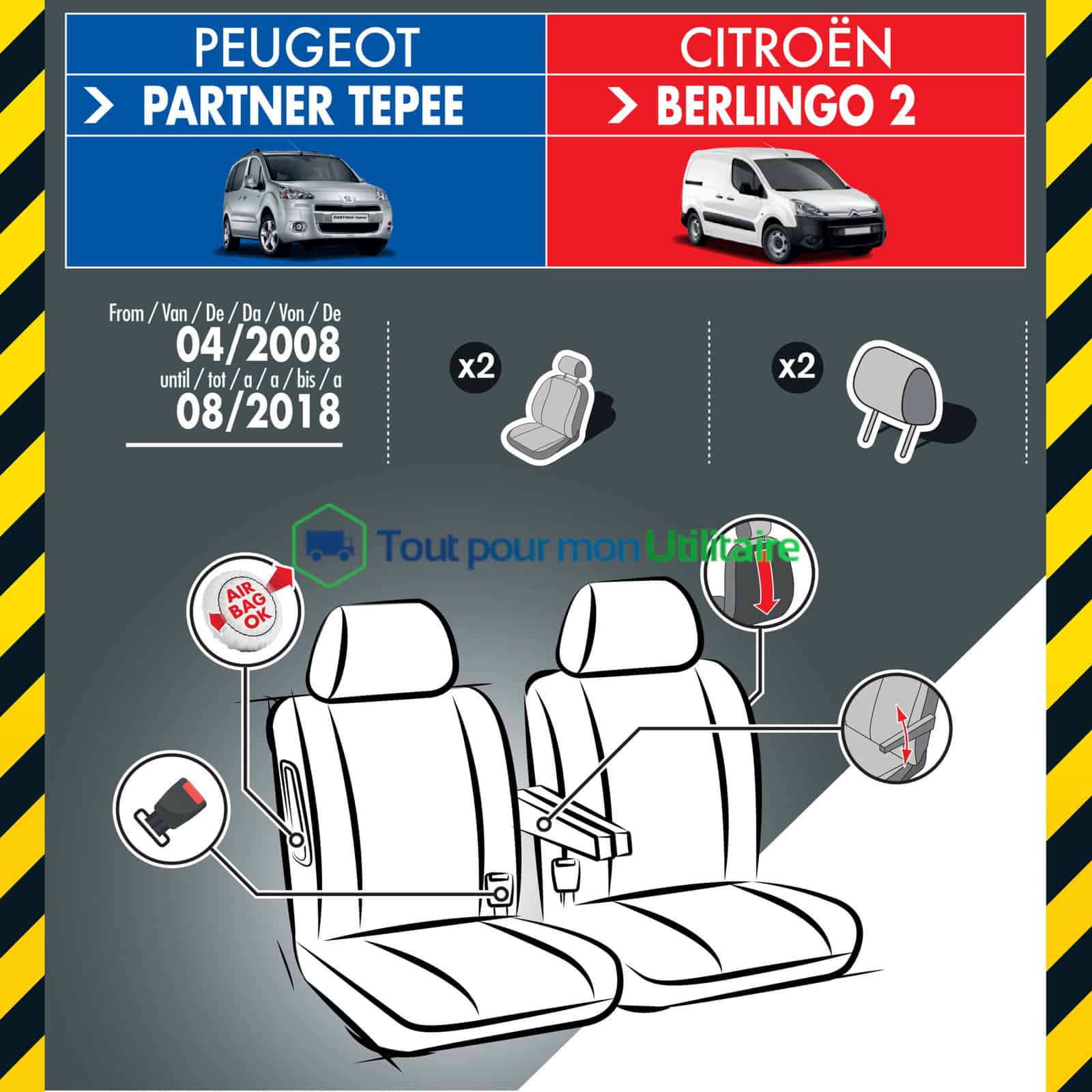 housse de siège en jacquard/ simili cuir pour Peugeot Partenr 2008-2018 2 sièges avant compatible airbag