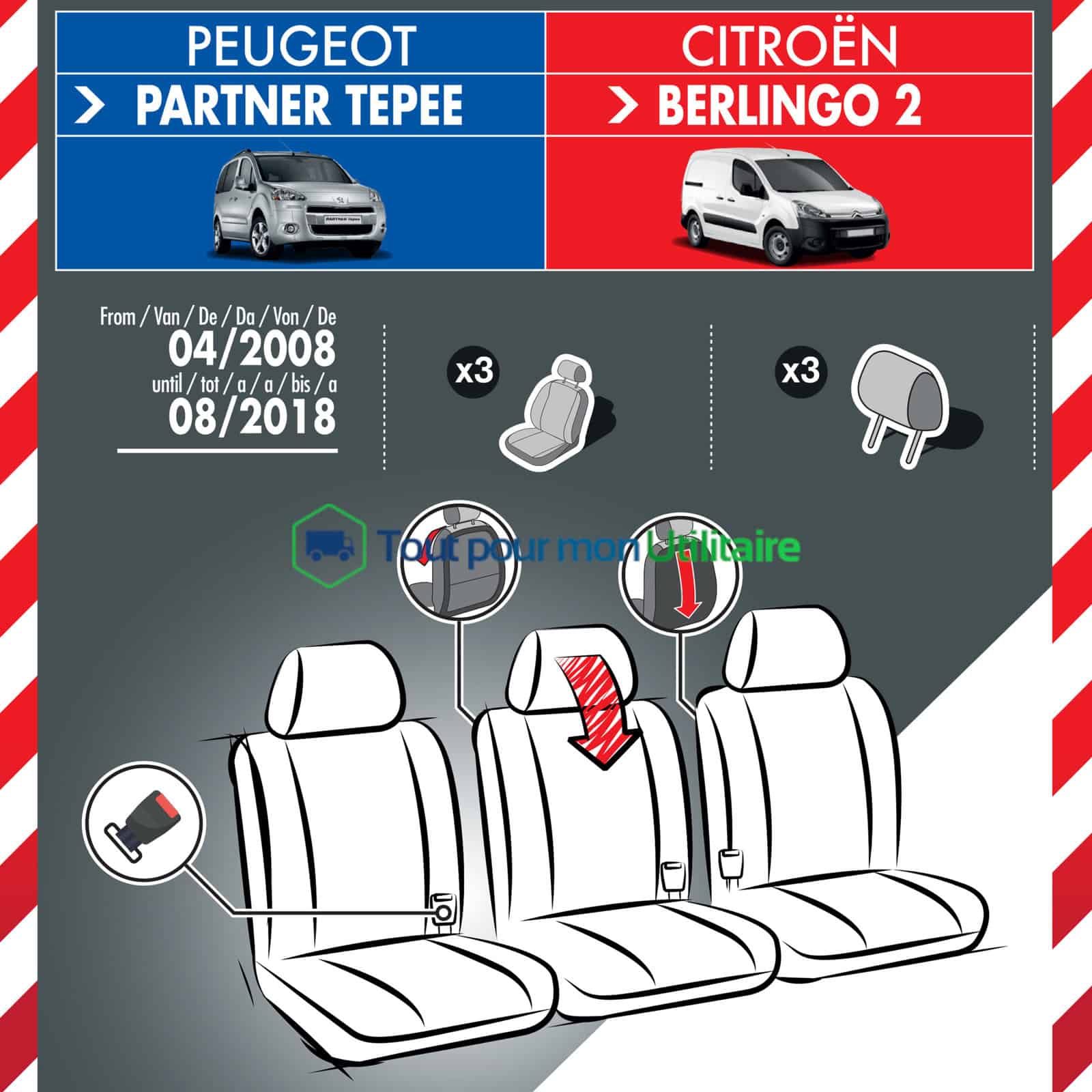 housse de siège en simili cuir pour Citroen Berlingo 2008-2018 3 sièges avant