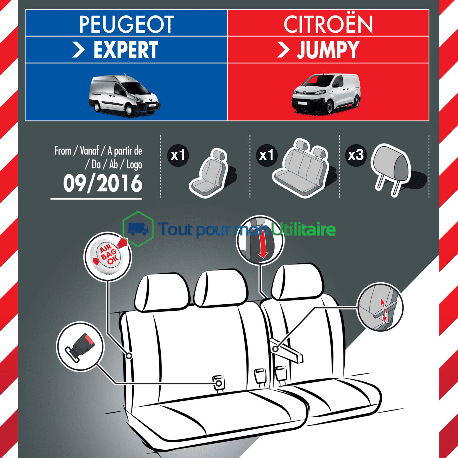 housse de siège en simili cuir pour Citroen Jumpy 2007-2016 1 siège conducteur + banquette 2 places compatible airbag