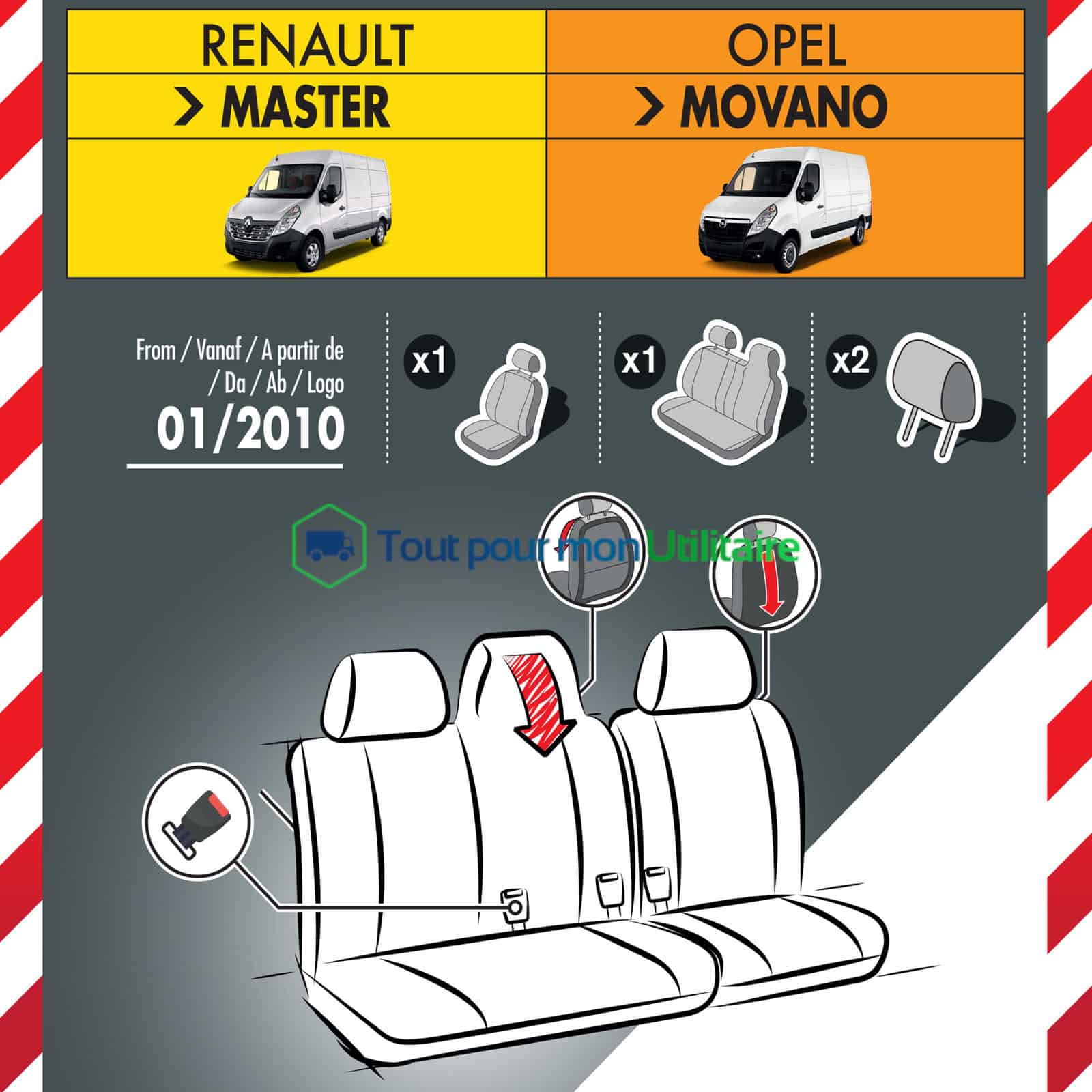 housse de siège en simili cuir pour Opel Movano 2010-2021 1 siège conducteur + banquette 2 places