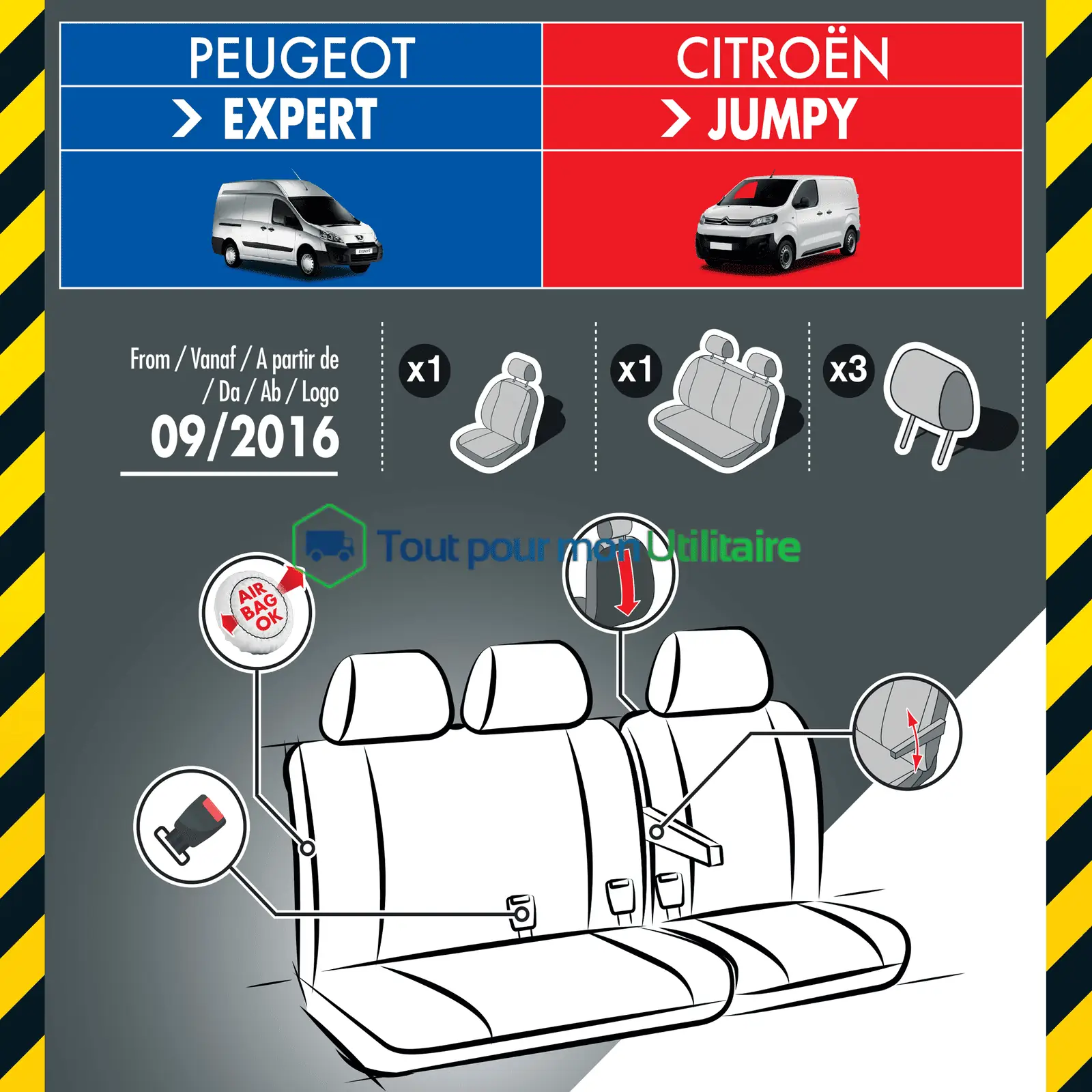 housse de siège en jacquard/ simili cuir pour Peugeot Expert 2016 1 siège conducteur + banquette 2 places