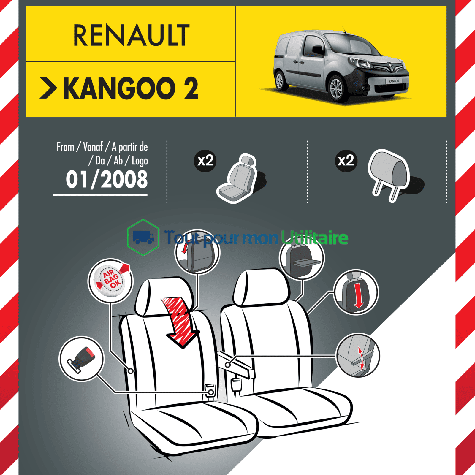 housse de siège en simili cuir pour Renault Kangoo 2009-2021 + 2 sièges avant compatible accoudoir