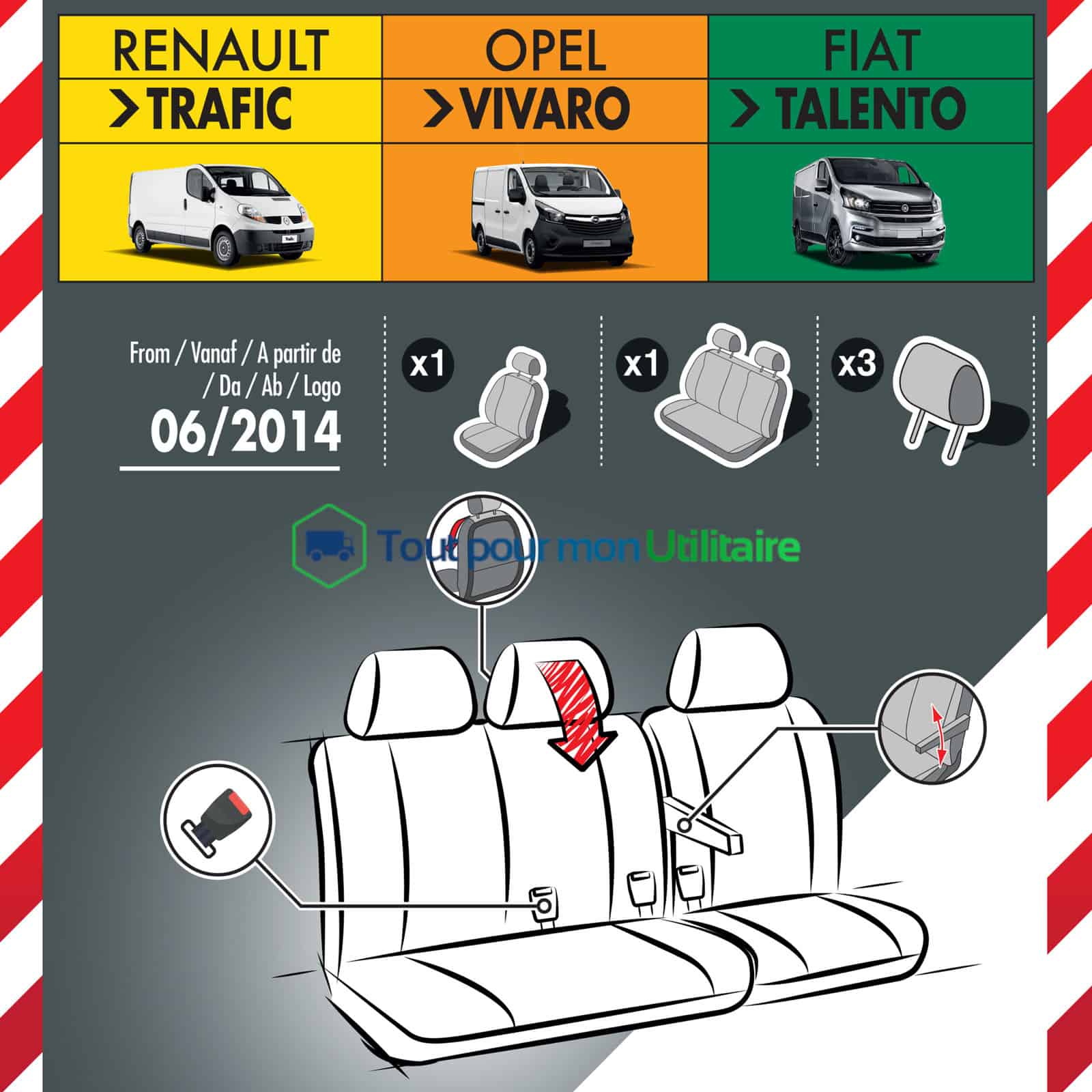 housse de siège en simili cuir pour Renault trafic 2014-2019 1 siège conducteur + banquette 2 places compatible airbag