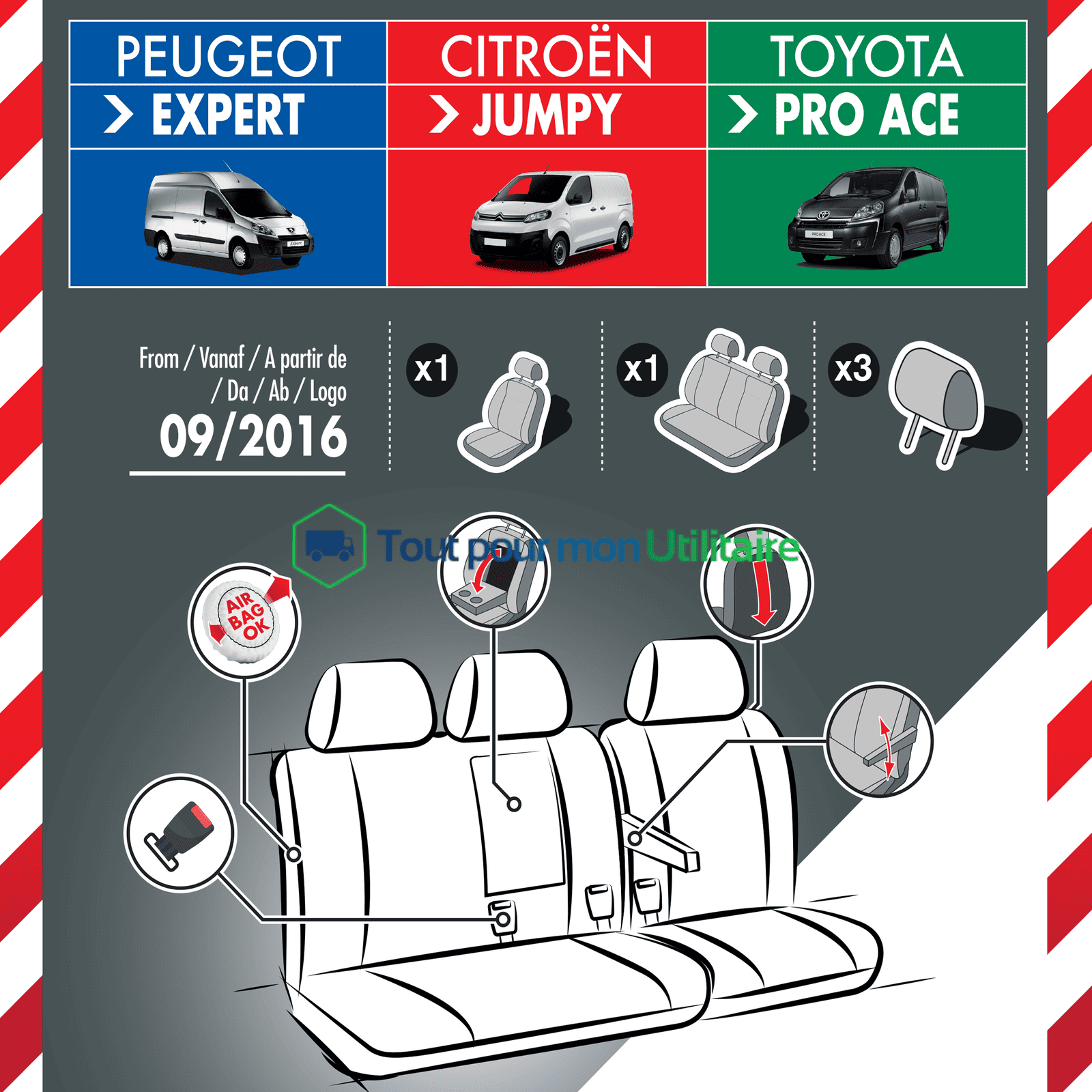 housse de siège en simili cuir pour Toyota Proace 2016+ 1 siège conducteur + banquette 2 places compatible airbag et accoudoir
