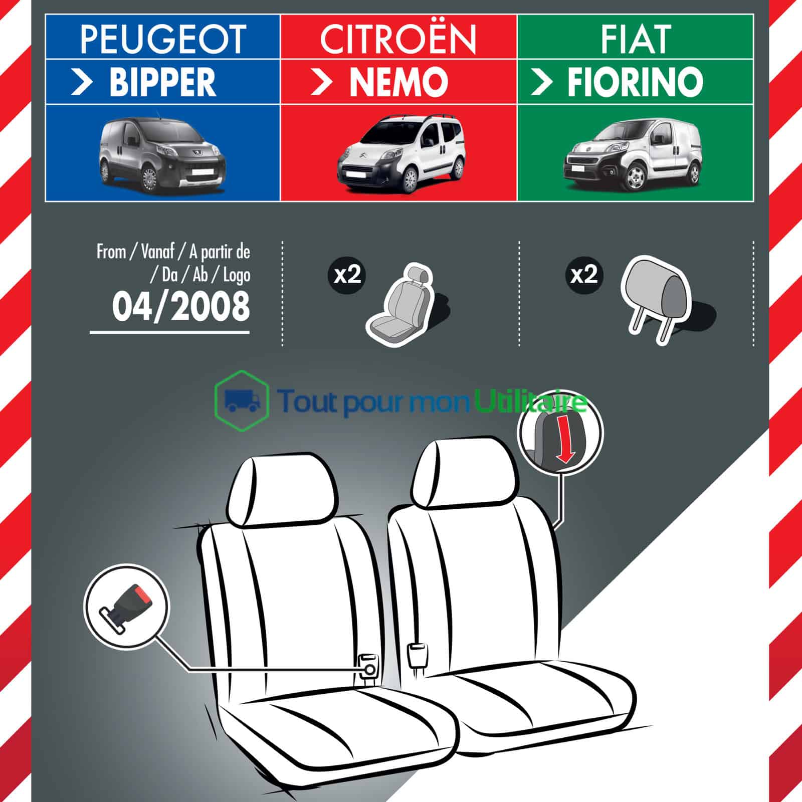housse de siège en simili cuir pour Fiat Fiorino 2008+ 2 sièges avant avec tablette