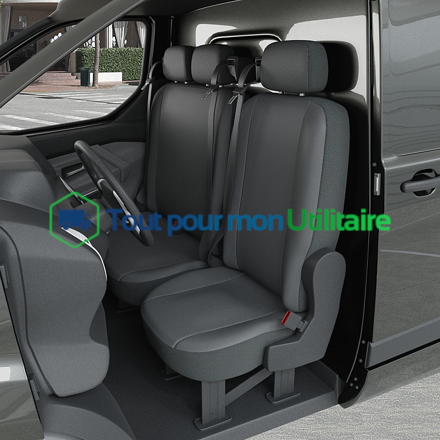 photo housse de siège en simili cuir pour RENAULT TRAFIC 2019 1 siège conducteur + banquette 2 places compatible airbag